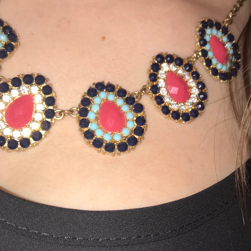 Blue and magenta tear drop statement necklace - Picture 2 of 2